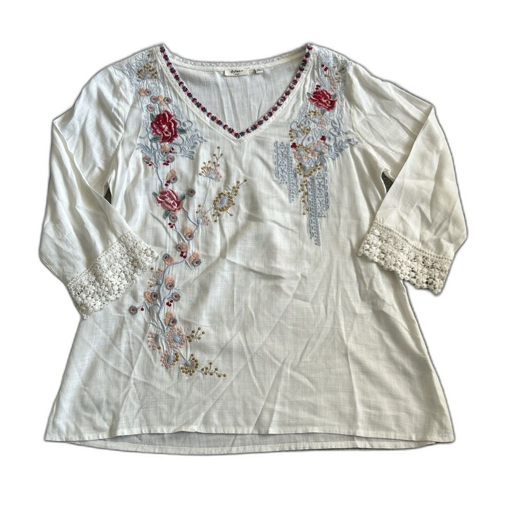 Dylan Anthropologie Embroidered Tunic Top Womens Small Floral Blouse Crochet